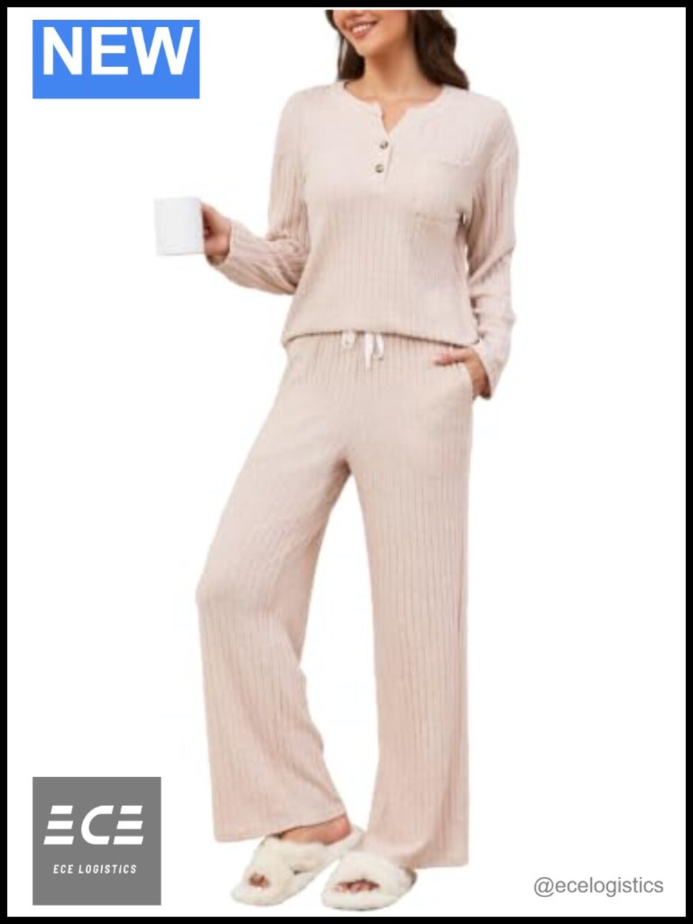 Women's 2 Piece Lounge Set Ribbed Knit Henley Wide Leg Pajama Set